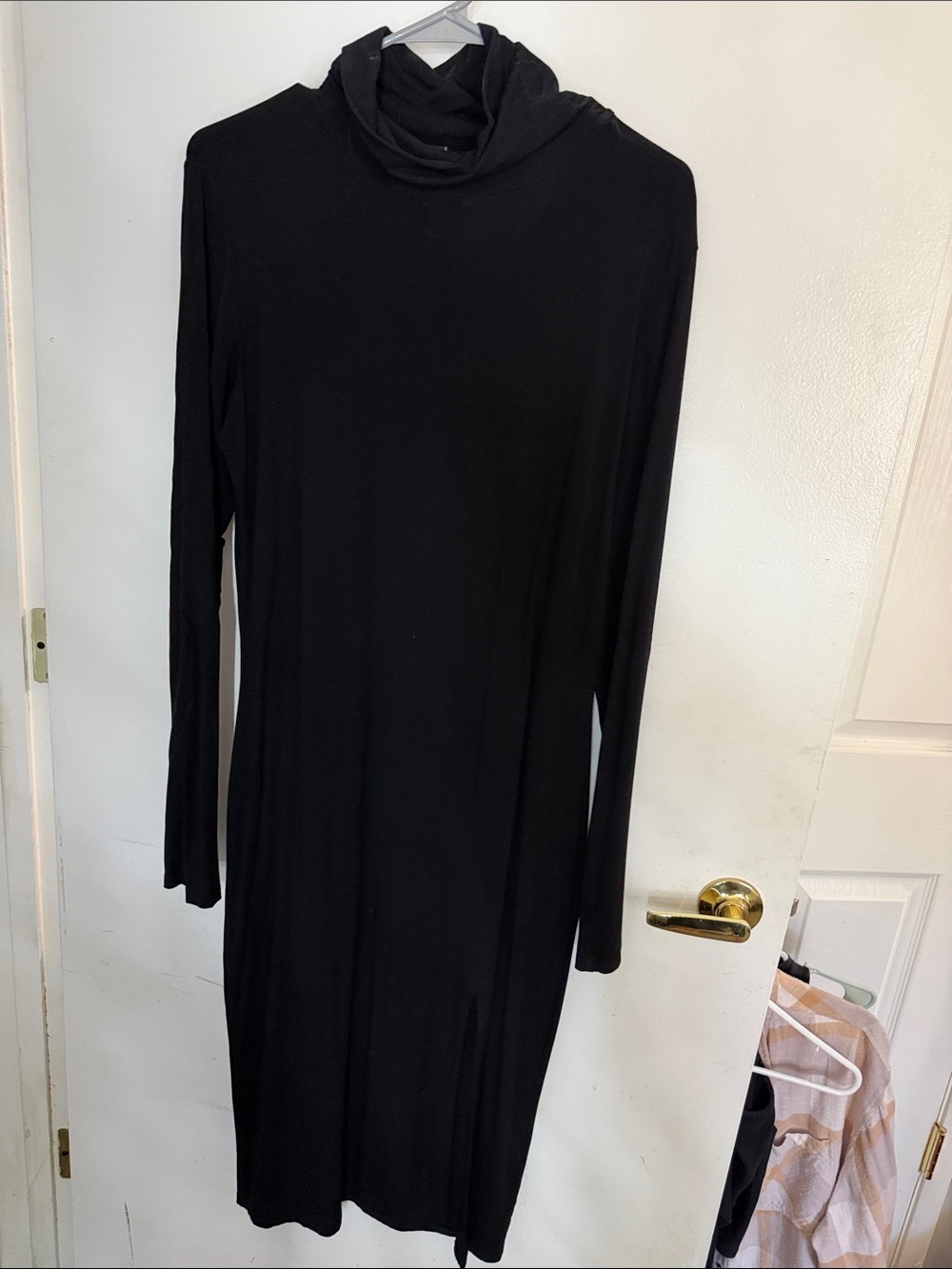 Black Turtleneck Long Sleeve Women's Dress - with slit in front